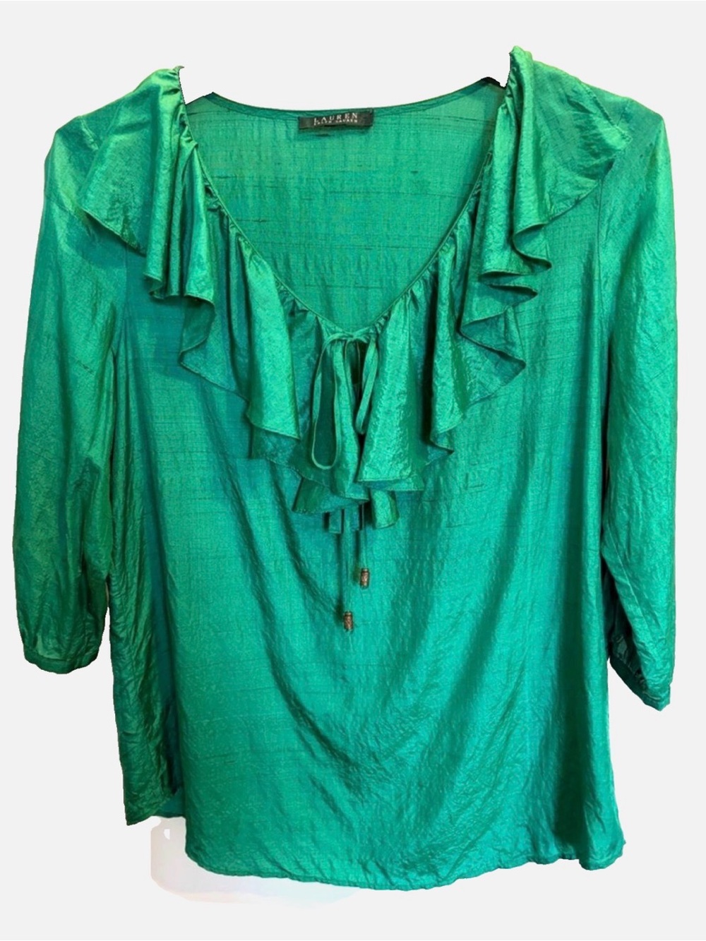 Lauren Ralph Lauren Silk Blend Emerald Green Ruffle Tie Neck Blouse Women’s L